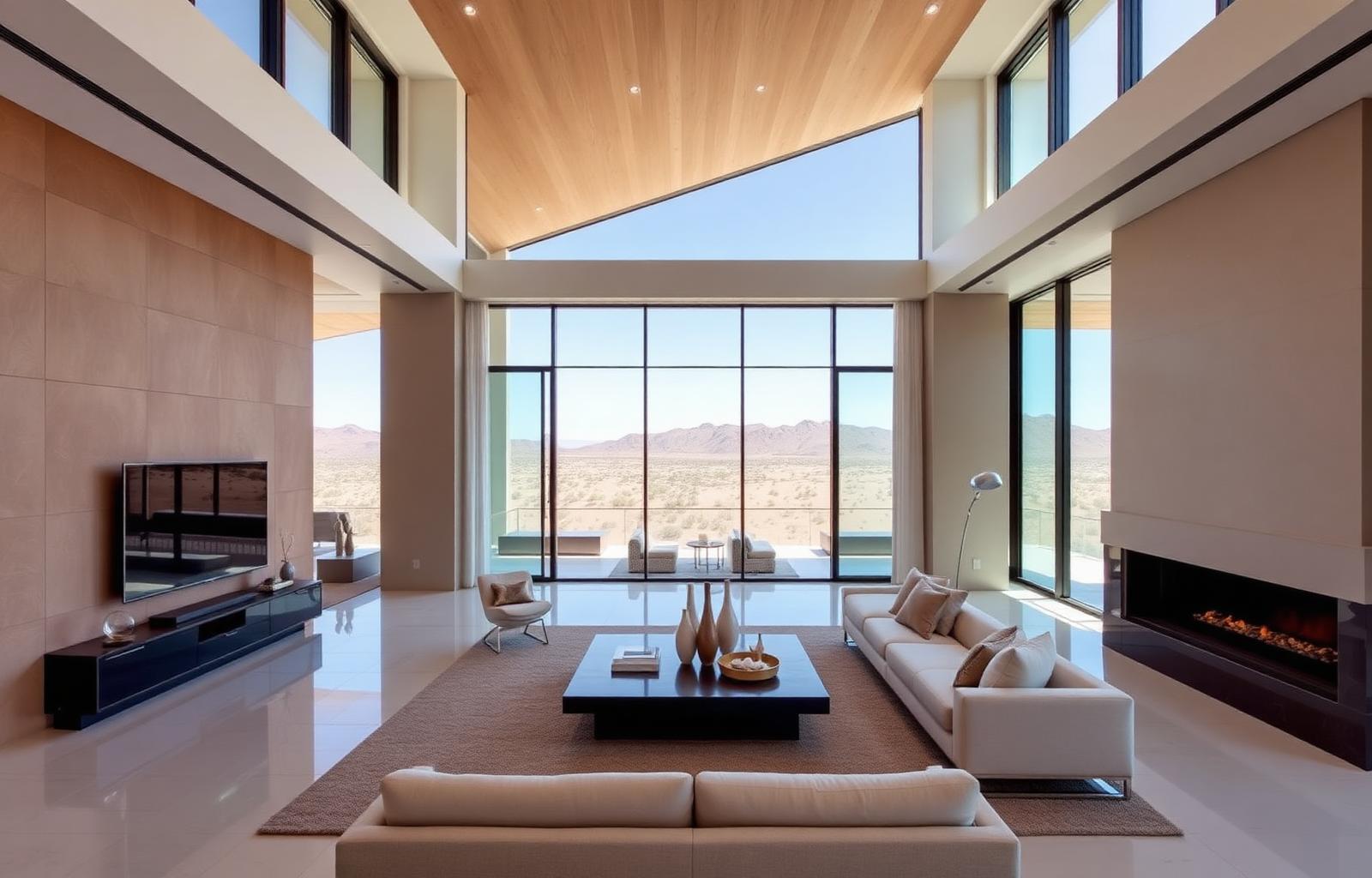 Modern home interior with desert view